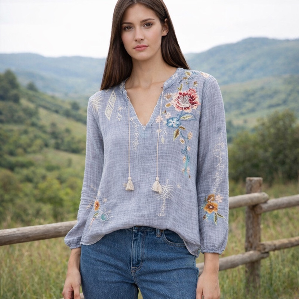 Johnny Was Umoya Patchwork Scarf Embroidery Blouse